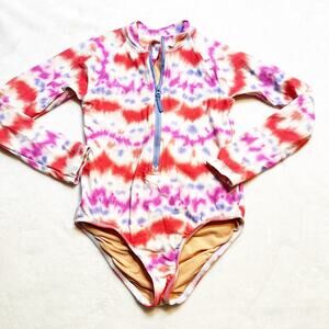 Crewcuts Girls Zip-up Rash Guard One-piece Swimsuit UPF 50 fabric TieDye Sz 6-7